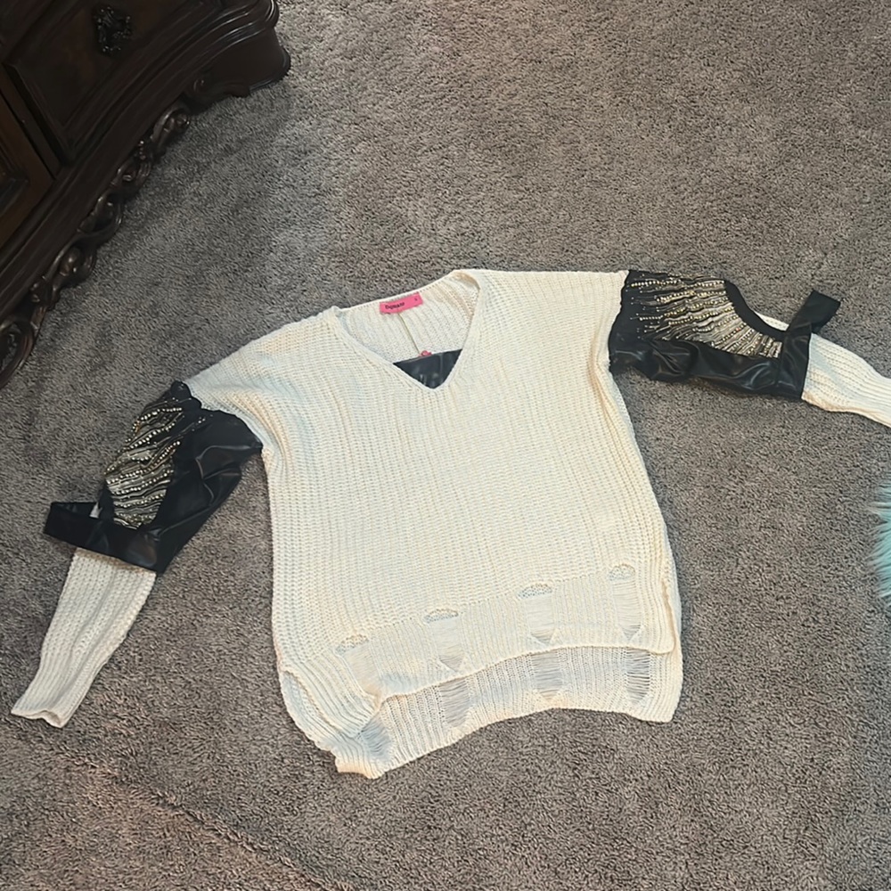 Cream V-Neck Sweater with Black Detail